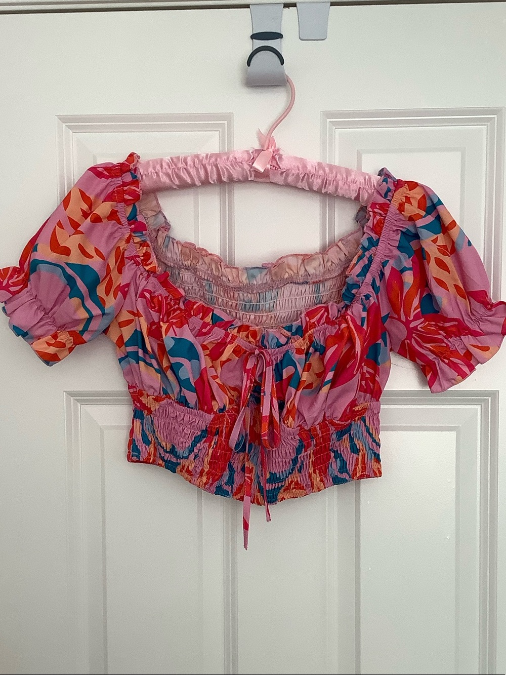 Trina Turk Pink Multicolor Puff-Sleeve Crop Top